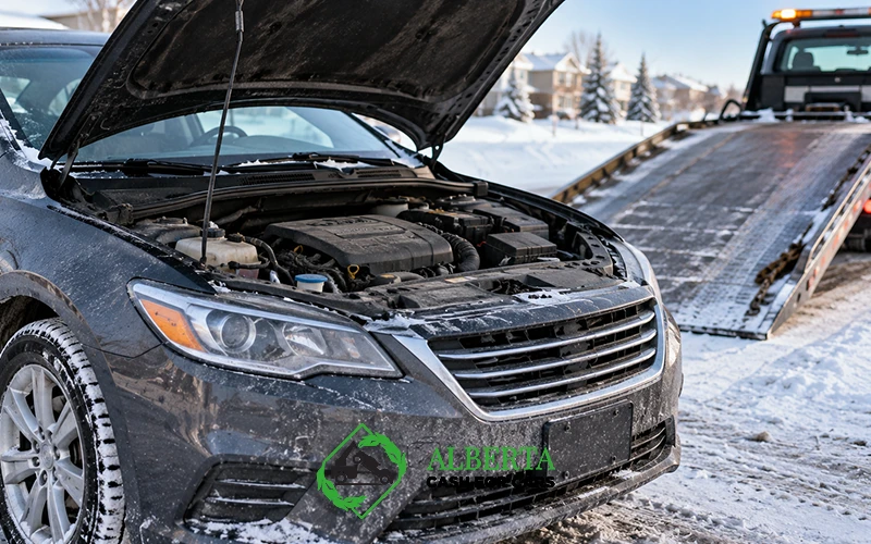A car with mechanical problems in Didsbury in winter